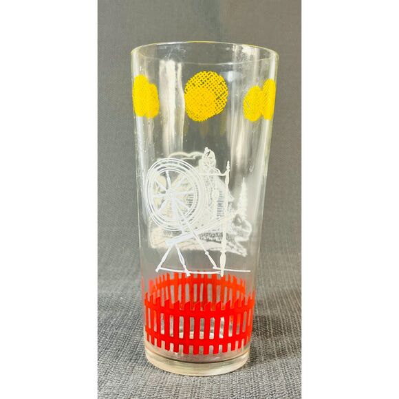 Vintage Libby Spinning Wheel Log Cabin Water Glass Red Picket Fence - Picture 2 of 6